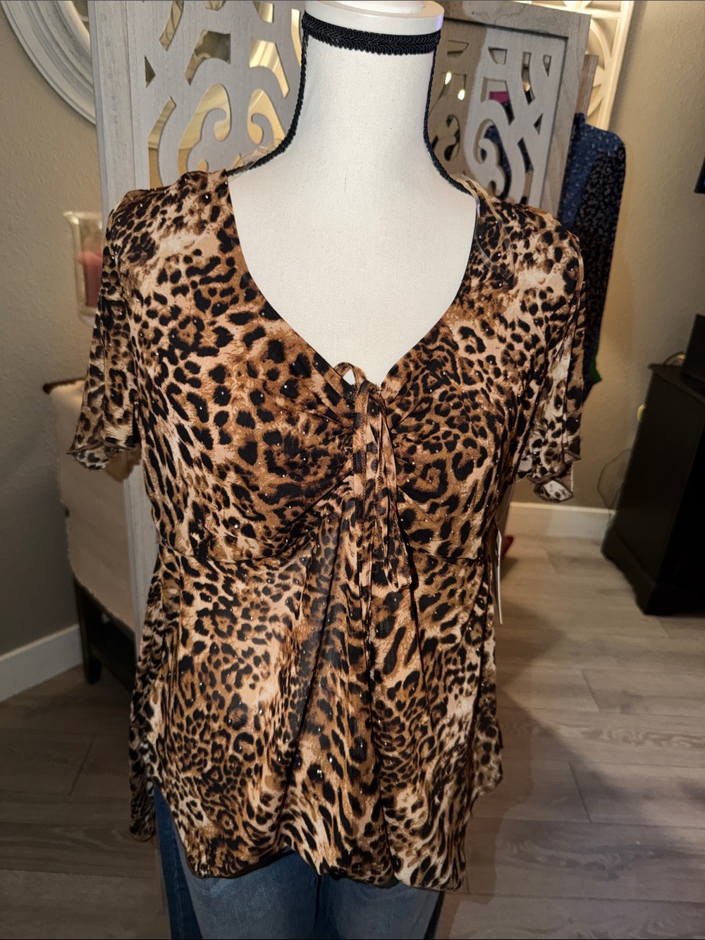 Free Kisses Leopard Print Tie-Front V-Neck Top - Brown